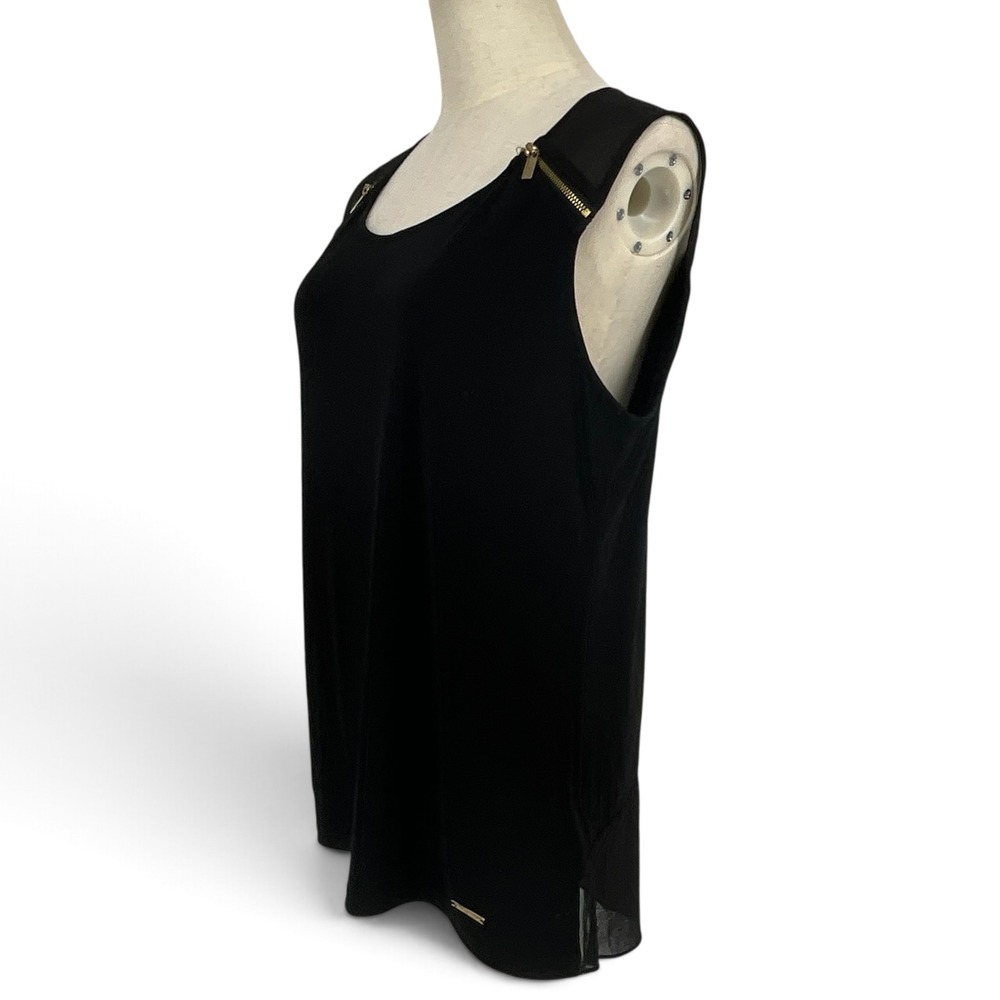 Ellen Tracy Womens Black Sleeveless Mixed Media Zipper Shoulder Top M Whimsigoth